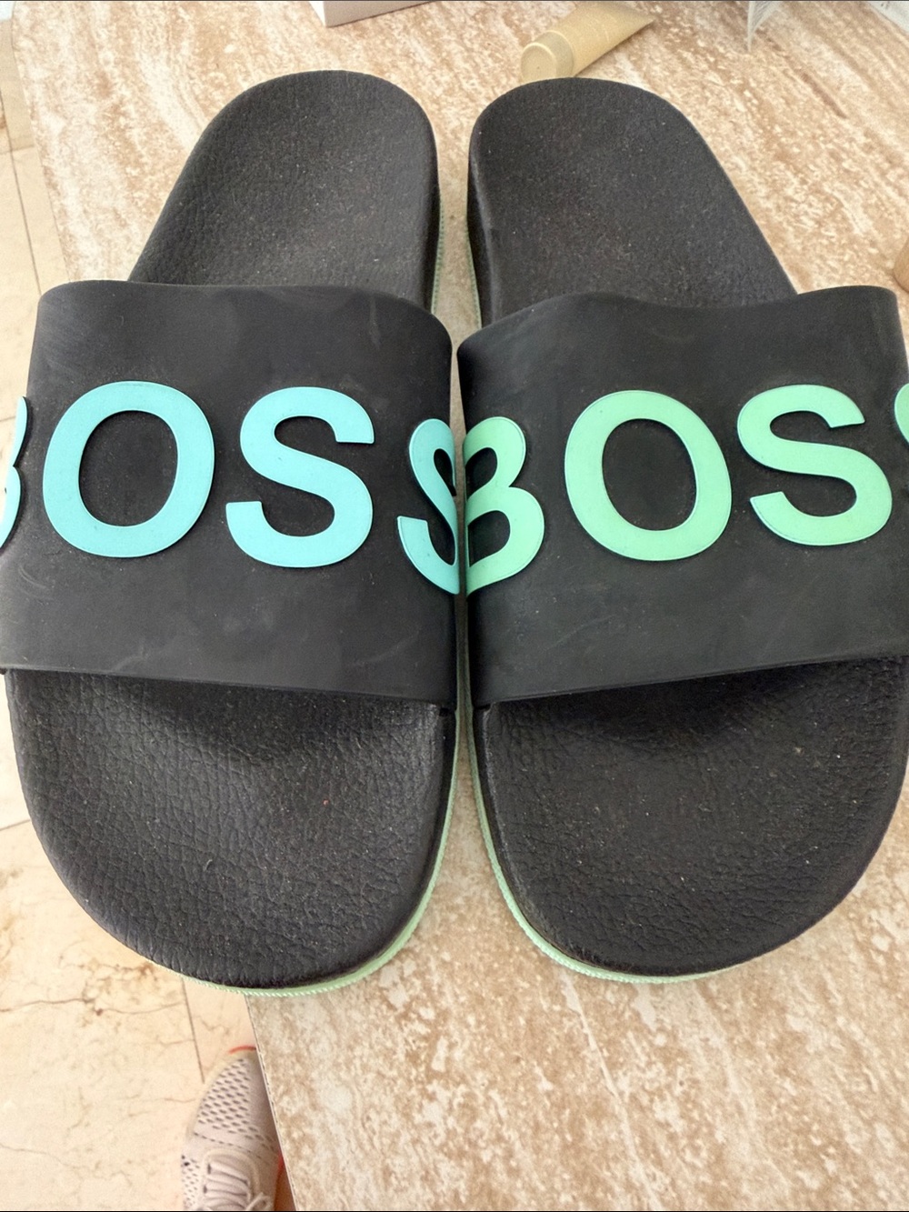 Boss Kids Black Slides with Mint Green Logo